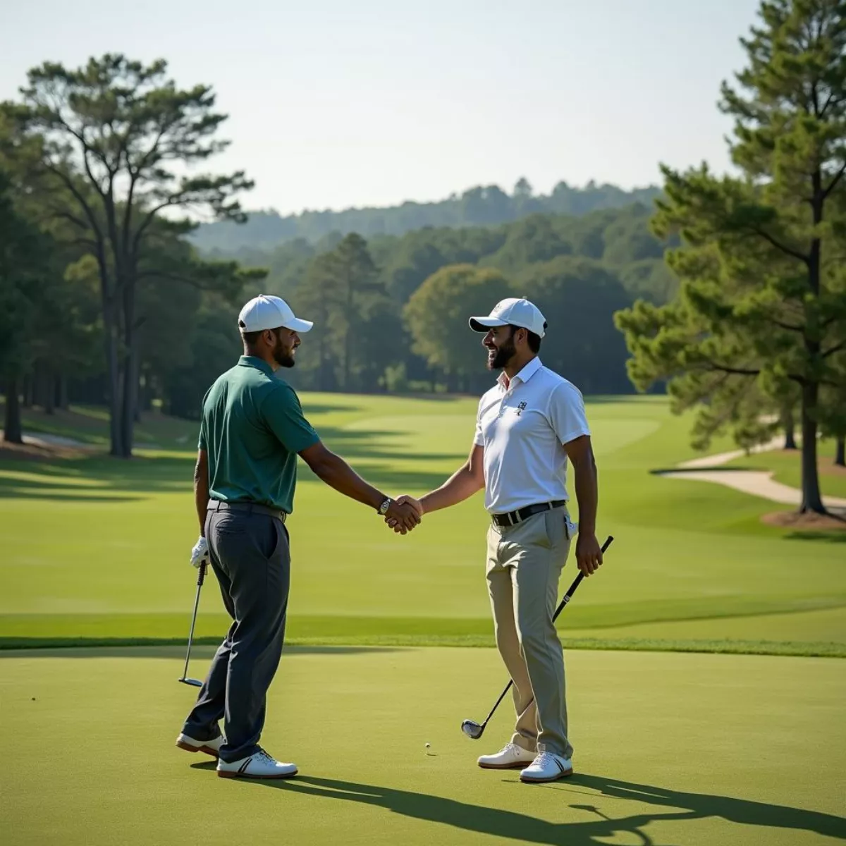 Golfers shaking hands on the first tee — meeting your verified member host