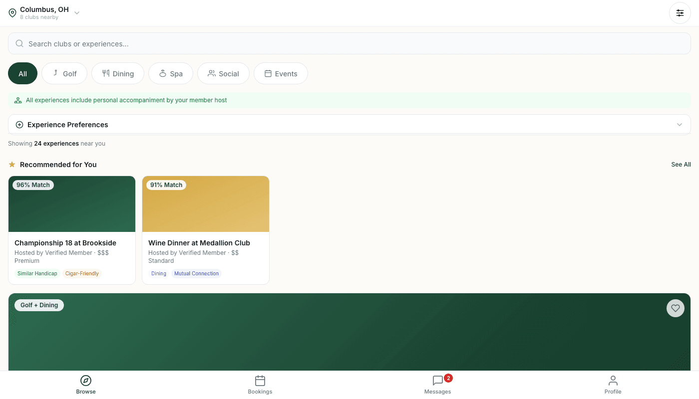 Gated Greens browse experience — discover exclusive club experiences